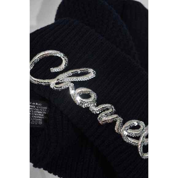 Chanel 22A Cashmere Navy Blue Silver Sequin CC Logo Beanie Winter Hat Cap Cloche - Picture 6 of 10